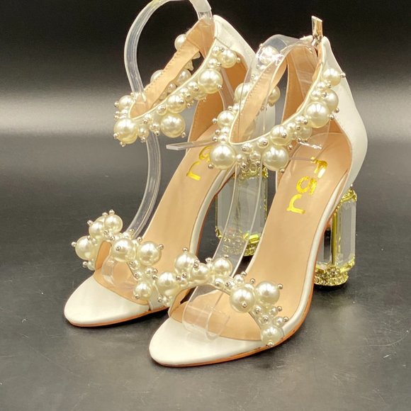 FSJ Ivory Pearl Open Toe Ankle Strap Chunky Crystal High Heels Prom Sandal. - Picture 4 of 9
